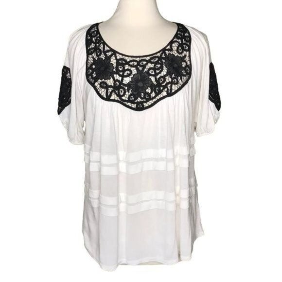 Anthropologie Leifnotes M lace trim top cream black - Picture 1 of 7